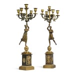A Pair of Empire Gilt and Patinated Bronze Five-Light Candelabra, Circa 1815