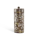 A gold and silver-inlaid bronze cylindrical box and cover, Han dynasty 漢 銅錯金銀瑞獸紋直筒式蓋瓶