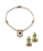 GEM SET AND DIAMOND NECKLACE, AND A PAIR OF EAR CLIPS