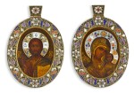 A Fabergé wedding pair of silver and cloisonné enamel icons, Moscow, 1908-1917