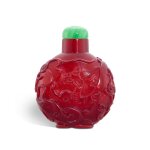 An imperial red glass 'chilong' snuff bottle, Qing dynasty, Qianlong period 清乾隆 御製寶石紅料螭龍紋鼻煙壺