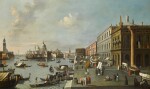 ENGLISH FOLLOWER OF CANALETTO | VENICE, A VIEW OF THE MOLO, LOOKING WEST, WITH THE COLUMN OF SAINT THEODORE, RIGHT, AND THE CHURCH OF SANTA MARIA DELLA SALUTE AND THE ENTRANCE OF THE GRAND CANAL BEYOND