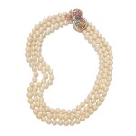 Cultured Pearl, Multi-Colored Sapphire and Diamond Necklace