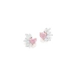 PAIR OF FANCY PURPLISH PINK DIAMOND AND DIAMOND EARRINGS  1.02及1.01卡拉 心形 彩紫粉紅色 SI1淨度 鑽石 配 鑽石 耳環一對