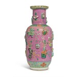 A pink-ground famille-rose applied-decorated 'Auspicious Emblems' rouleau vase, Qing dynasty, 19th century | 清十九世紀 粉地粉彩貼花吉祥紋棒槌瓶