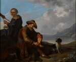 JACOB TOORENVLIET | A southern coastal landscape with a pair of figures and a dog resting in the foreground 