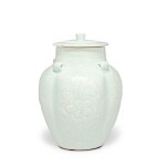 A 'Qingbai' lobed 'floral' jar and cover, Southern Song dynasty | 南宋 青白釉瓜棱式刻花卉紋四繫蓋罐