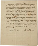 Jefferson, Thomas. Autograph letter signed, to Samuel Garland, 9 August 1822