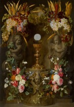 JAN PHILIPS VAN THIELEN | GARLANDS OF ROSES, TULIPS, NARCISSI, SNOWDROPS, HYACINTHS AND CONVOLVULI, WITH GRAPES, EARS OF CORN AND HEADS OF MAIZE, SURROUNDING THE HOST IN A SCULPTED NICHE