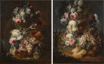 MICHELE ANTONIO RAPOUS |  STILL LIFE OF FLOWERS IN A GLASS VASE, WITH GRAPES AND PEARS; AND STILL LIFE OF FLOWERS IN A SCULPTED VASE WITH GRAPES AND OTHER FRUIT