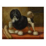  CONTINENTAL SCHOOL, 19TH CENTURY | POODLE ON A RED TABLE