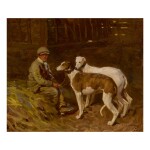 SIR ALFRED JAMES MUNNINGS, P.R.A., R.W.S. | SHRIMP IN THE BARN WITH LURCHERS 