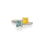 Fancy Vivid Blue-Green, Fancy Vivid Orangy Yellow and Diamond Ring |  艷彩藍綠色鑽石配艷彩橙黃色鑽石戒指
