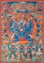 A rare and important thangka depicting Ekavira Vajrabhairava, Tibet, circa 1600 | 西藏 約1600年 獨雄大威德金剛唐卡 設色布本