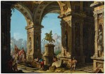 ANTONIO JOLI | A capriccio view of a classical portico with Alexander The Great before the tomb of Achilles
