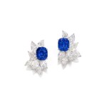 Pair of Sapphire and Diamond Earrings | 9.20及9.10克拉 天然「緬甸」未經加熱藍寶石 配 鑽石 耳環一對（鑽石共重15.61克拉) 