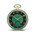 OMEGA | A YELLOW GOLD, BLACK AND GREEN ENAMEL OPENFACE WATCH, CIRCA 1920  | 奧米茄 | 黃金黑色及綠色琺瑯懷錶，機芯編號6337800，錶殼編號6919752，約1920年製