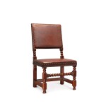 Very Fine and Rare Pilgrim Century Turned and Joined Maple and Oak Leather Upholstered "Cromwellian" Side Chair, Boston, Massachusetts, Circa1690