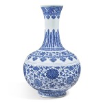 A Ming-style blue and white bottle vase, Qianlong seal mark and period | 清乾隆 青花纏枝蓮紋賞瓶  《大清乾隆年製》款