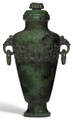 A LARGE SPINACH-GREEN JADE ARCHAISTIC VASE AND COVER   LATE QING DYNASTY | 晚清 碧玉仿古饕餮紋活環蓋瓶