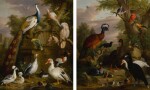 An assembly of birds in a parkland landscape, including a blue peacock, a pair of domestic crested ducks, a barbary coast duck, a red crested cockatoo, a yellow-headed Amazonian parrot, a great curassow, a white Muscovy duck, an Australian king parrot, guinea fowl, and turtle doves