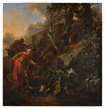 Mountainous landscape with a prophet of Judah being killed by a Lion