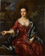 Portrait of Susannah Henshaw (1661–1767), three-quarter-length, seated by a fountain, wearing a red dress