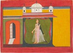 An illustration to the Rasamanjari of Bhanu Datta: A lone nayika standing in a pavilion, Attributed to Golu, India, Nurpur, circa 1715