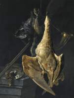 CORNELIS VAN LELIENBERGH | HUNTING STILL LIFE WITH A GOOSE, A HARE, A HUNTING HORN, A SHOTGUN AND OTHER GAME