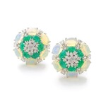 MICHELE DELLA VALLE | PAIR OF EMERALD, OPAL AND DIAMOND EAR CLIPS