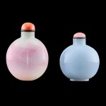 A white and pink glass snuff bottle and a lavender-blue glass snuff bottle, Qing dynasty, 19th century | 清十九世紀 白夾粉紅料鼻煙壺 及 天藍料鼻煙壺一組兩件