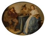 STUDIO OF PIETER CODDE | An interior with two cavalryman and a lady, all seated around a table