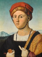 Portrait of a man, half-length, wearing a red hat and gold brocade cloak, holding a dagger, a landscape beyond  