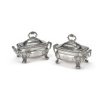 A PAIR OF REGENCY SILVER SAUCE TUREENS AND COVERS, WILLIAM BURWASH, LONDON, 1818