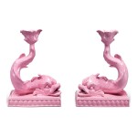 A PAIR OF WEDGWOOD QUEENSWARE PINK-GROUND DOLPHIN CANDLESTICKS, 1869
