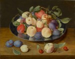 Still life of plums and peaches on a pewter plate, with plums, a peach and cherries, all on a table