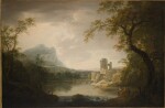 GEORGE MULLINS | A RIVER LANDSCAPE WITH A GROUP OF FIGURES BY A WATERFALL, WITH CLASSICAL RUINS, AN IRISH ROUND-TOWER AND A MOUNTAIN BEYOND