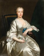 Presumed portrait of Flora MacDonald (1722-1790), three-quarter length, wearing a satin dress and holding a rose 