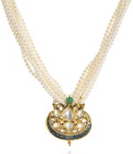 A DIAMOND AND EMERALD-SET ENAMELLED PENDANT WITH PEARL STRING NECKLACE, INDIA, 18TH/19TH CENTURY