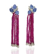 Pair of sapphire, ruby and diamond pendent earrings, Michele della Valle