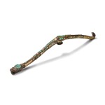 A gilt, silvered and turquoise-inlaid bronze belt hook, Warring States period | 戰國 銅鎏金銀嵌綠松石帶鉤