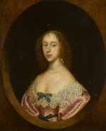 Portrait of a lady, half-length, wearing a pink dress with green bows and a lace collar