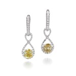 PAIR OF FANCY YELLOW AND FANCY BROWNISH YELLOW DIAMOND EARRINGS